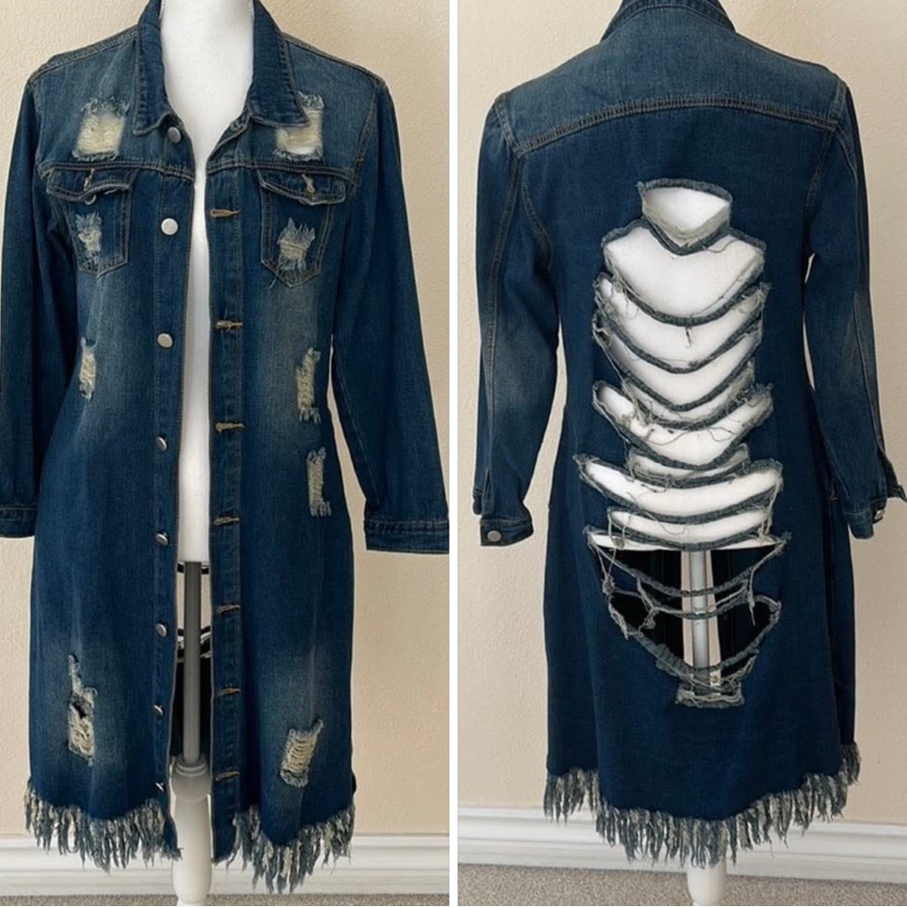 Distressed Denim Jacket Long